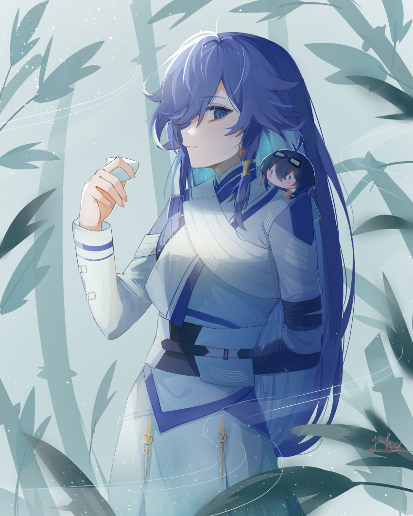 1girl, absurdres, arms_behind_back, bamboo, blue_eyes, chinese_clothes, commentary, cowboy_shot