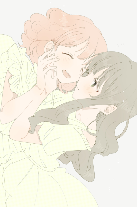 2girls, black_hair, blush, brown_hair, closed_eyes, dress, grey_background, hand_on_another's_face