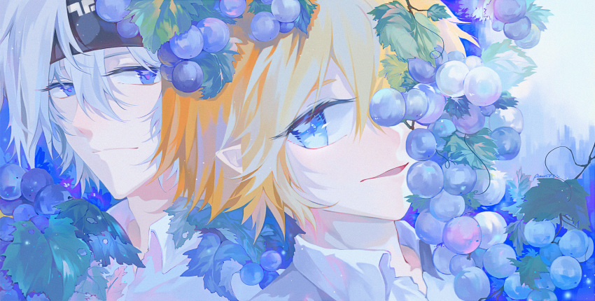 2boys, absurdres, aotu_world, black_headband, blonde_hair, blue_eyes, closed_mouth, collared_shirt