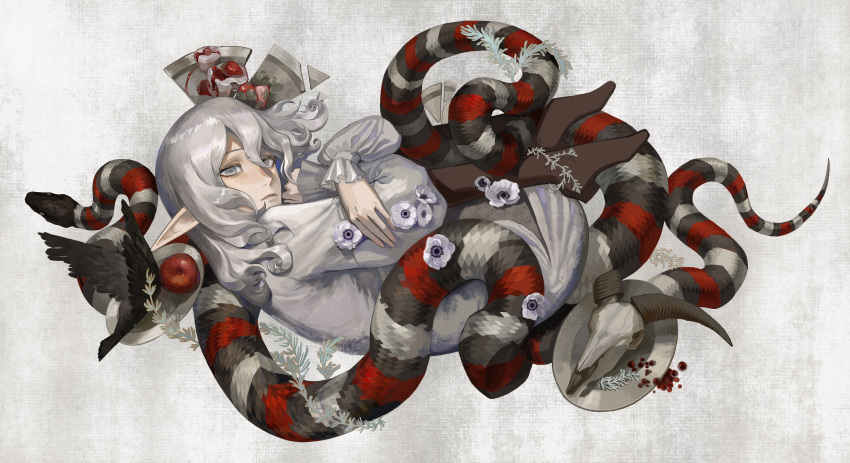 1boy, absurdres, animal_skull, apple, berry, bird, black_bird, boots, broken_plate, cake, crossed_arms, dungeon_meshi, elf, fetal_position, flower, food, fruit, full_body, grey_background, grey_eyes, grey_hair, highres, long_sleeves, looking_at_viewer, lying, male_focus, medium_hair, mithrun, mithrun_(young), moon_shutiao, on_side, plate, pointy_ears, shattered, shirt, snake, snake_bondage, solo, wavy_hair, white_flower, white_shirt