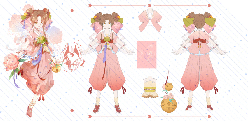 1girl, absurdres, artist_name, bell, bow, branch, brown_hair, chinese_clothes