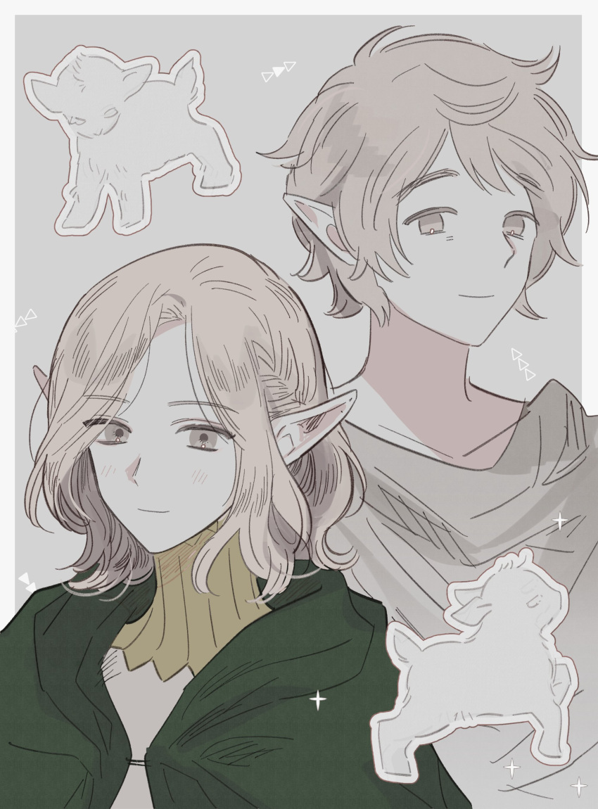 2boys, absurdres, blonde_hair, blush, border, brothers, cloak, dungeon_meshi