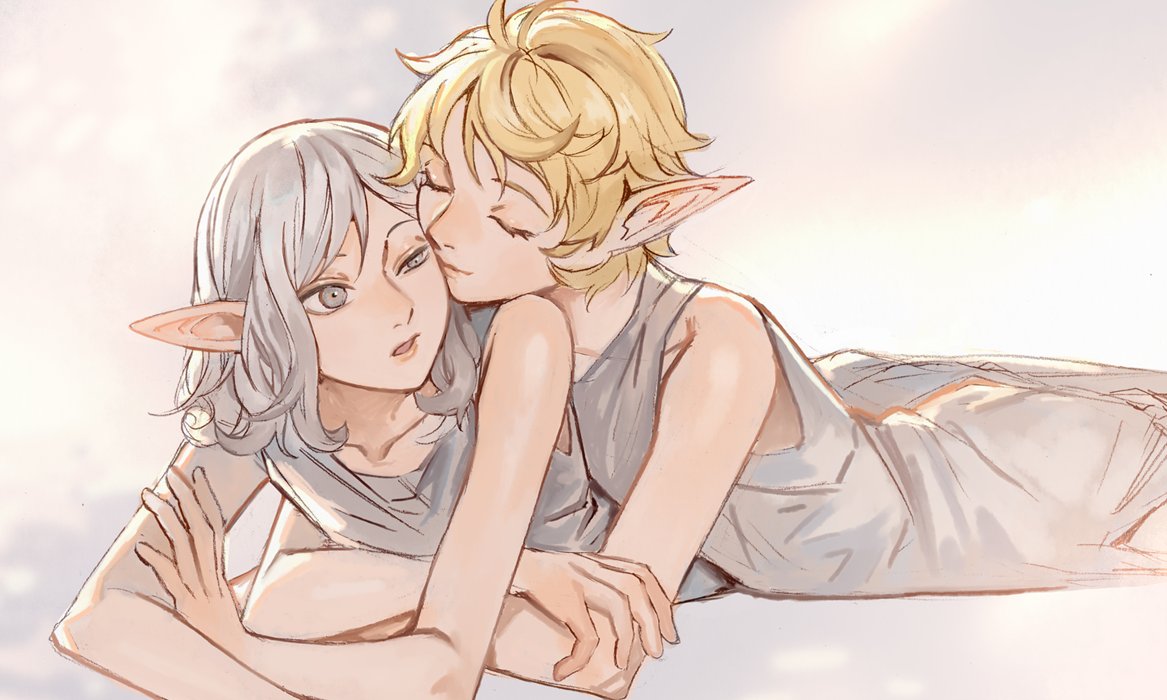 2boys, affectionate, bare_arms, blonde_hair, brothers, closed_eyes, crossed_arms, dungeon_meshi
