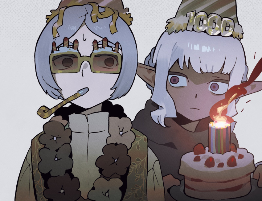 2boys, birthday_cake, birthday_glasses, birthday_party, cake, candle, dark-skinned_male, dark_elf