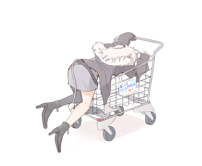 1girl, absurdres, ahoge, animal_ears, black_footwear, black_jacket, black_thighhighs, boots, chamomile_(kazumasa), commentary, from_behind, full_body, fur-trimmed_jacket, fur_trim, grey_hair, grey_skirt, high_heel_boots, high_heels, highres, hololive, jacket, lion_ears, lion_tail, long_hair, midriff_peek, miniskirt, open_clothes, open_jacket, pencil_skirt, shishiro_botan, shishiro_botan_(1st_costume), shopping_cart, simple_background, single_thighhigh, skirt, sleeves_past_wrists, solo, tail, thigh-highs, trials_rising, virtual_youtuber, white_background