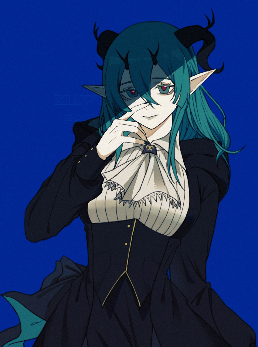 1girl, absurdres, arknights, blue_hair, demon_girl, demon_horns, formal, highres