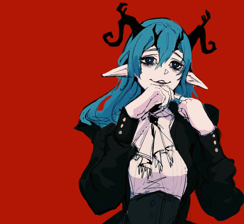 1girl, aliceandash, arknights, blue_hair, demon_girl, demon_horns, formal, highres