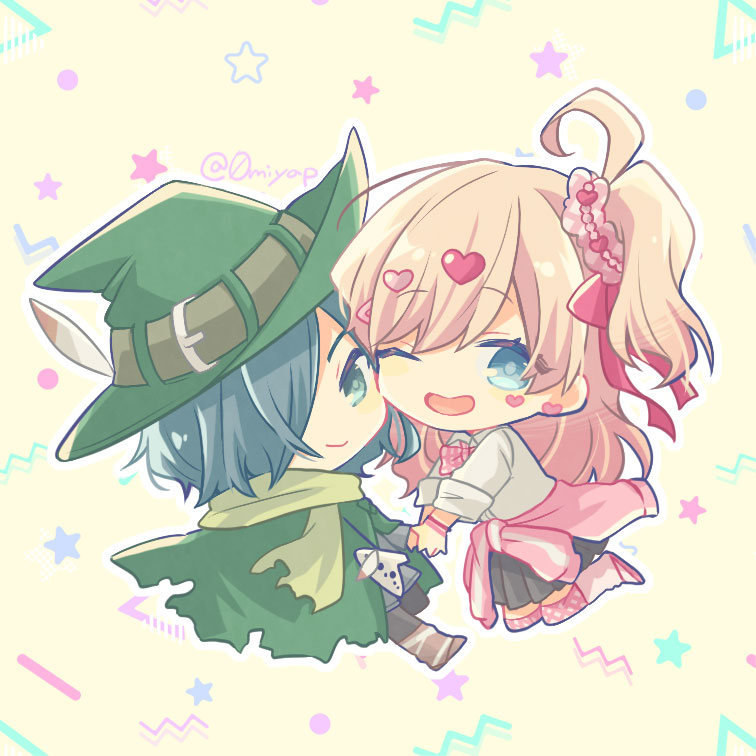 0miyap, 2girls, aqua_eyes, aqua_hair, blonde_hair, cape, chibi, chibi_only, clothes_around_waist, green_cape, green_hat, hair_ornament, hair_over_one_eye, hair_scrunchie, hat, hat_belt, hat_feather, heart, heart_hair_ornament, heart_stickers, holding_hands, instrument, jacket, jacket_around_waist, kedarui_aashii, kimi_no_koto_ga_dai_dai_dai_dai_daisuki_na_100-nin_no_kanojo, multiple_girls, nakaji_uto, ocarina, scarf, scrunchie, star_(symbol), yellow_scarf