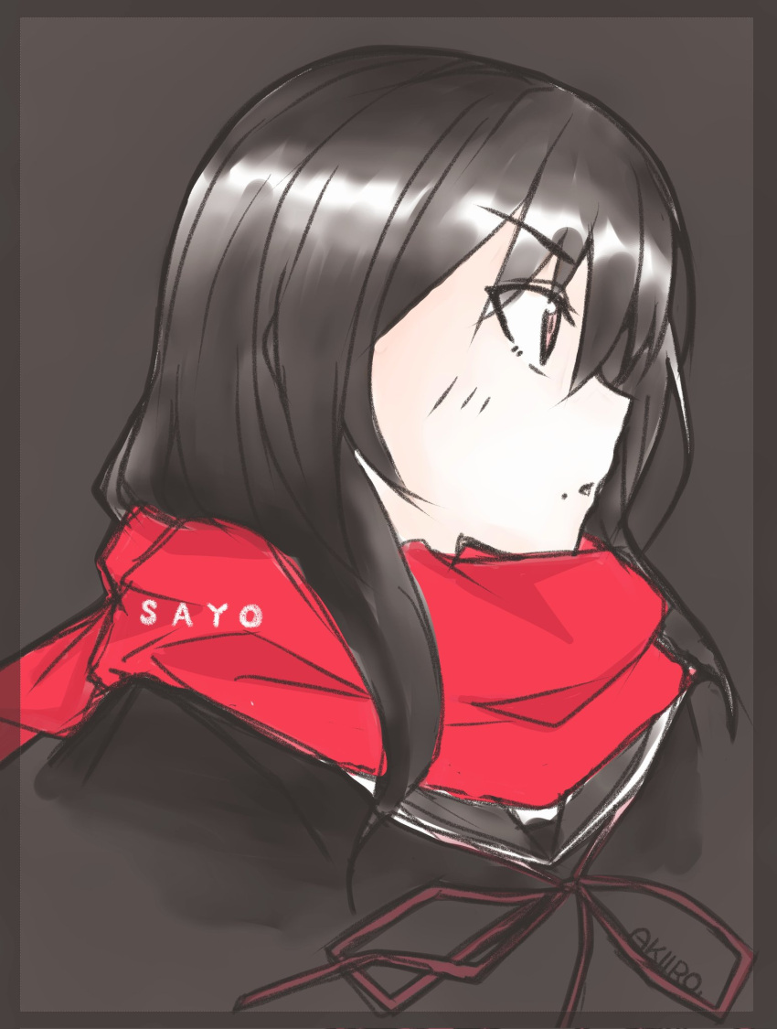 1girl, akiiro_biyori, artist_name, black_hair, black_shirt, character_name, commentary, from_side, highres, long_hair, looking_ahead, mole, mole_under_mouth, parted_lips, red_eyes, red_ribbon, red_scarf, ribbon, sailor, sayo_samonji_(tenka_hyakken), scarf, shirt, solo, tenka_hyakken, upper_body, v-shaped_eyebrows