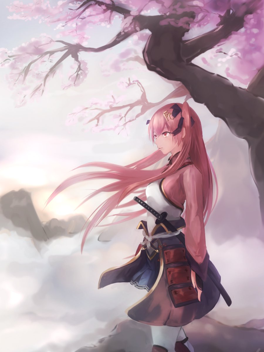 1girl, armor, black_ribbon, blue_skirt, cherry_blossoms, closed_mouth, commentary, floating_hair, fog, hair_ornament, hairclip, hamu111, highres, japanese_armor, japanese_clothes, jouizumi_masamune, katana, kimono, long_hair, long_sleeves, looking_ahead, outdoors, red_eyes, red_kimono, redhead, ribbon, sheath, sheathed, skirt, solo, standing, sunrise, sword, tenka_hyakken, thigh-highs, tree, two_side_up, waist_cape, weapon, white_thighhighs, wide_sleeves