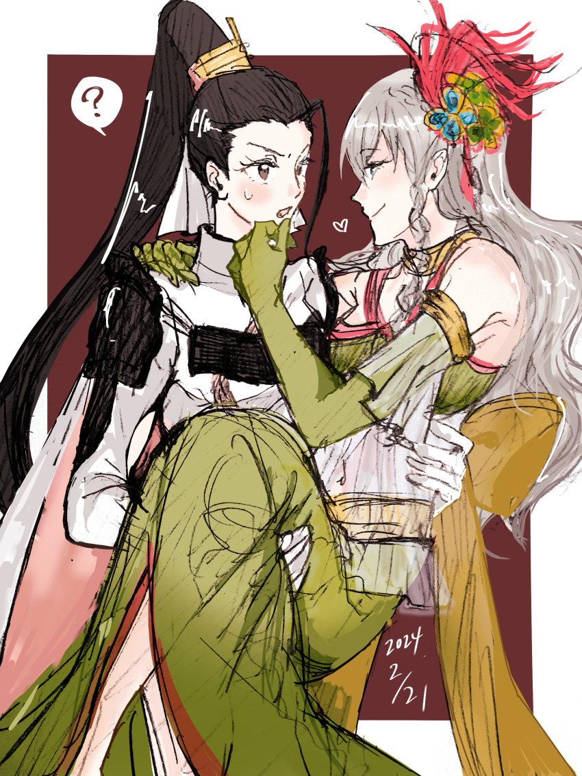 2girls, ?, absurdres, bare_shoulders, blue_eyes, braid, brown_eyes, brown_hair, carrying, crop_top, crown_braid, dated, elbow_gloves, gloves, green_gloves, green_shirt, green_skirt, grey_hair, hair_ornament, heart, highres, ii_naotora_(sengoku_basara), kyougoku_maria_(sengoku_basara), long_hair, looking_at_viewer, loose_hair_strand, lower_teeth_only, multiple_girls, navel, open_mouth, ponytail, princess_carry, sakae_(user_caxw2438), see-through, sengoku_basara, shirt, side_slit, sketch, skirt, smile, spoken_question_mark, sweatdrop, teeth, white_gloves, yuri