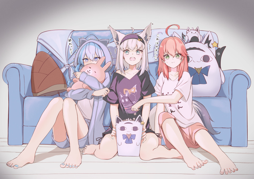 3girls, absurdres, ahoge, alternate_costume, animal_ear_hood, animal_ears, barefoot, black_hairband