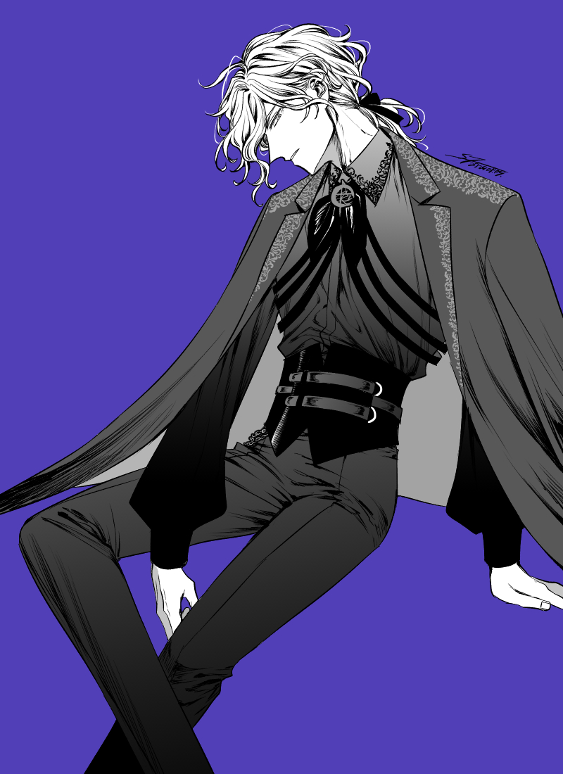1boy, arm_between_legs, arm_rest, artist_name, coat, coat_on_shoulders, collared_coat, collared_shirt, corset, cross-shaped_pupils, crossed_legs, edmond_dantes_(fate), edmond_dantes_(flames_of_applause)_(fate), fate/grand_order, fate_(series), feet_out_of_frame, greyscale_with_colored_background, hair_ribbon, head_tilt, invisible_chair, long_hair, long_sleeves, looking_at_viewer, male_focus, neckerchief, pants, parted_lips, ponytail, puffy_sleeves, purple_background, ribbon, shirt, signature, sitting, solo, symbol-shaped_pupils, wavy_hair, wing_collar, yuuzuki230