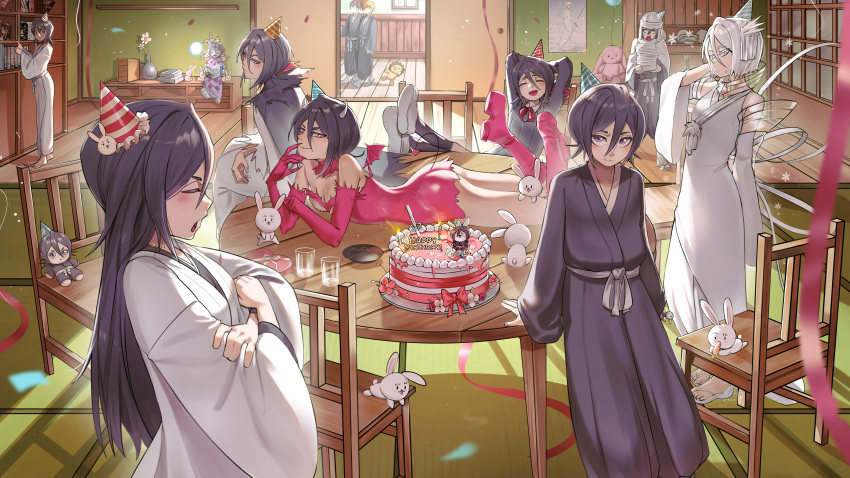 3boys, 6+girls, abarai_renji, absurdres, aroused_nosebleed, ass, bankai, birthday_cake, black_hair, black_kimono, bleach, bleach:_epilogue, bleach:_fade_to_black, bleach:_sennen_kessen-hen, blood, book, bookshelf, breasts, cake, carrot, chair, chappy, character_doll, cloak, commentary, confetti, crossed_arms, dark_rukia, detached_sleeves, english_commentary, flower, food, grey_hair, hakka_no_togame_(bankai), haori, happy_birthday, hat, highres, holding, holding_book, japanese_clothes, kimono, kon_(bleach), kuchiki_byakuya, kuchiki_rukia, kurosaki_ichigo, long_hair, looking_at_viewer, manga_(object), mini_party_hat, multiple_boys, multiple_girls, multiple_persona, nosebleed, official_alternate_costume, open_book, party_hat, poster_(object), school_uniform, short_hair, small_breasts, spit_take, spitting, streamers, table, taichou_haori, time_paradox, turban, vase, violet_eyes, waligner, white_hair