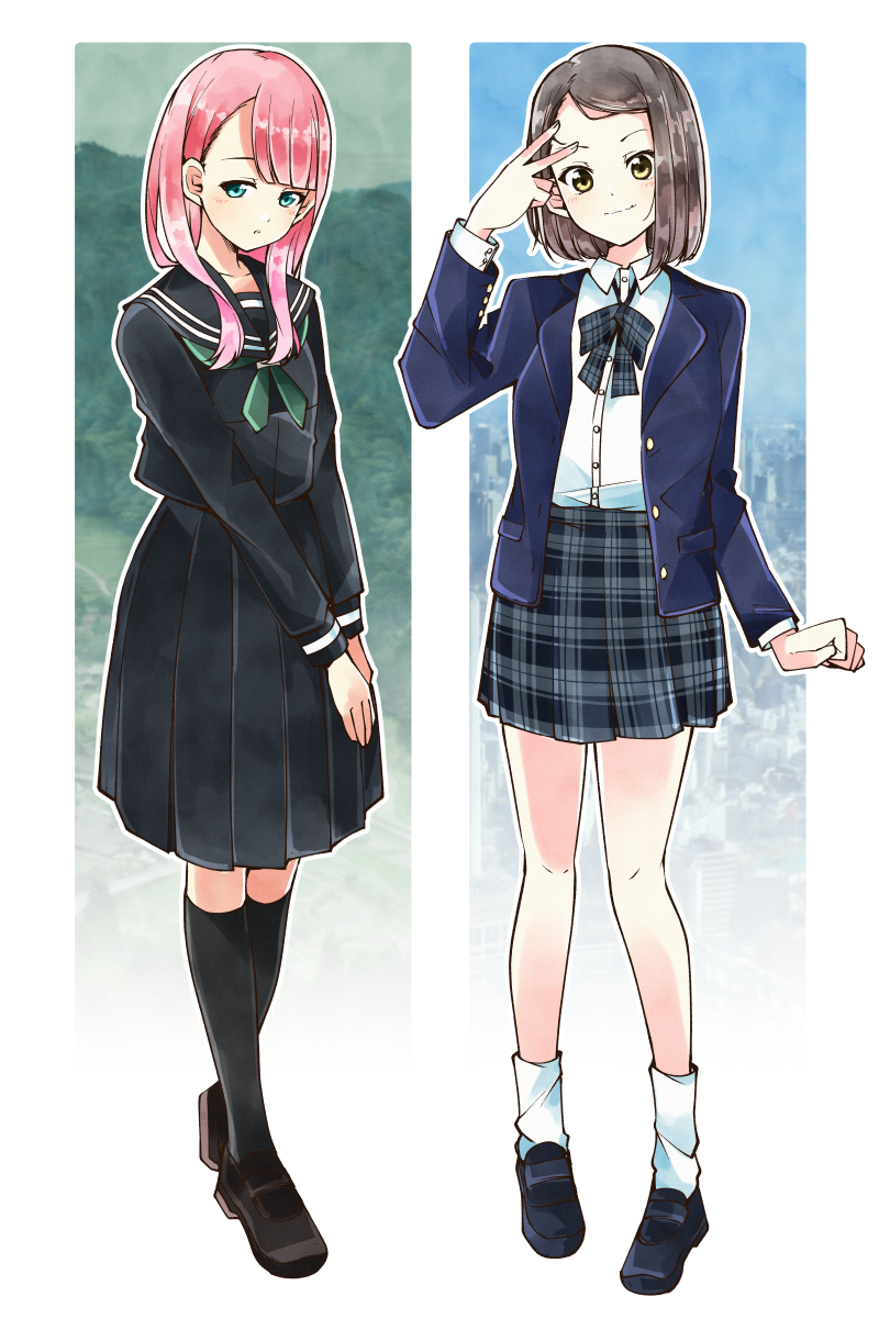 22/7, 2girls, asymmetrical_bangs, black_bow, black_bowtie, black_footwear, black_sailor_collar, black_skirt