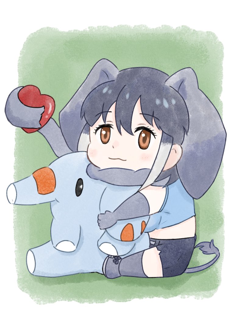 1girl, :3, african_elephant_(kemono_friends), aged_down, animal_ears, bare_shoulders, blue_shirt, blush
