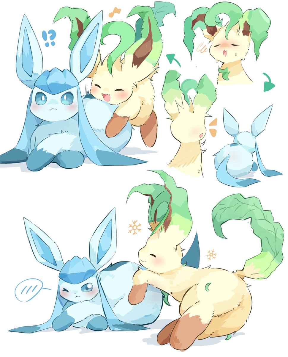 !?, blue_eyes, blush, closed_eyes, glaceon, highres, illustrattyako, jumping