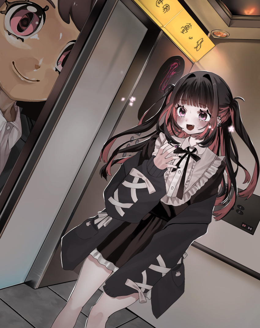 2girls, absurdres, aegyo_sal, black_hair, black_shirt, black_skirt, blunt_bangs, collared_shirt