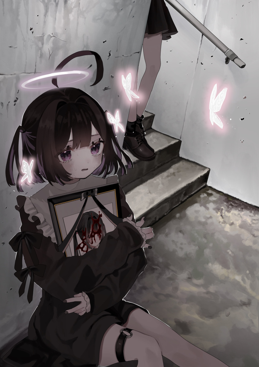 2girls, absurdres, ahoge, black_dress, black_hair, black_nails, black_ribbon, blood_on_iei