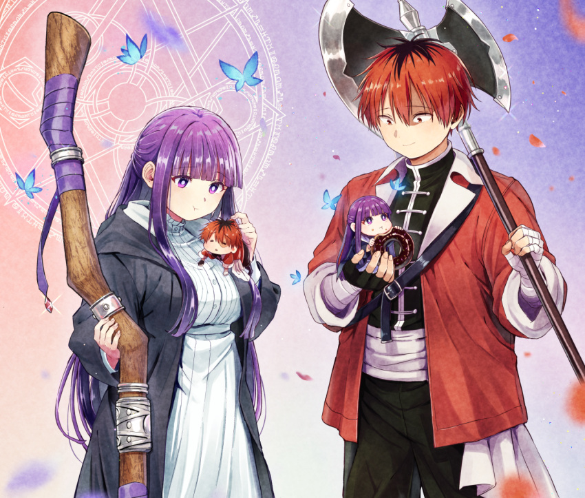1boy, 1girl, :t, axe, battle_axe, black_hair, black_jacket, black_pants