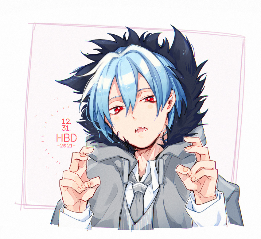 1boy, aam09212, blue_hair, commentary_request, fur_trim, happy, highres, necktie
