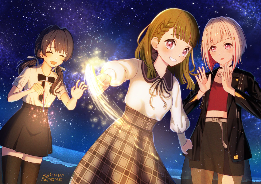 3girls, :d, ^_^, belt, black_choker, black_hair, black_jacket, black_ribbon