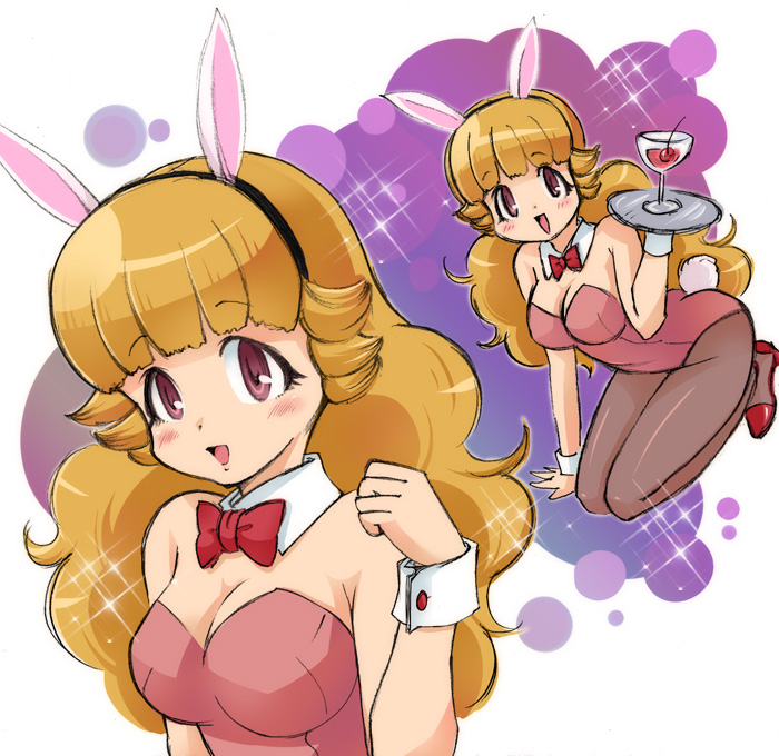 720, brown_eyes, brown_hair, bunny_ears, bunnysuit, cherry, food, fruit