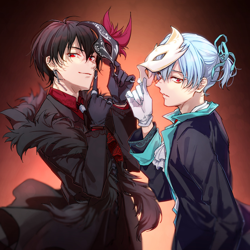 2boys, aam09212, bags_under_eyes, black_hair, blue_hair, gloves, highres, male_focus