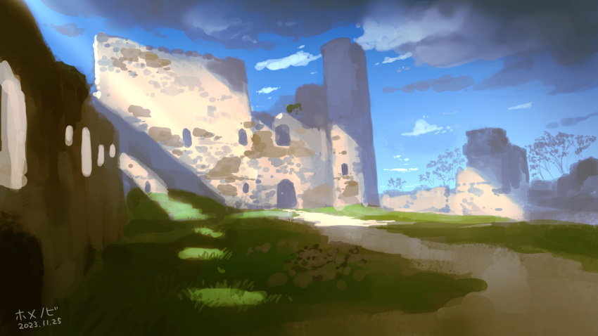 abandoned, blue_sky, building, clouds, cloudy_sky, day, grass, highres