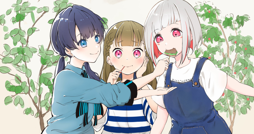 3girls, absurdres, aoiao, black_ribbon, blue_eyes, blue_hair, blue_overalls, blue_shirt