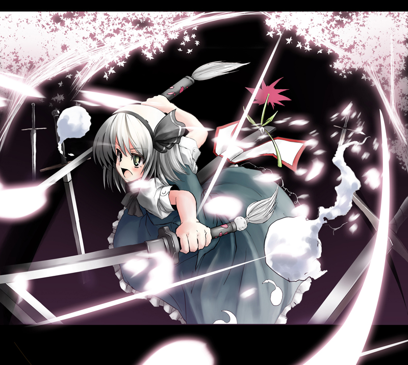 1girl, azuma_kurume, bad_id, konpaku_youmu, kurume_shou, leaves, solo, sword