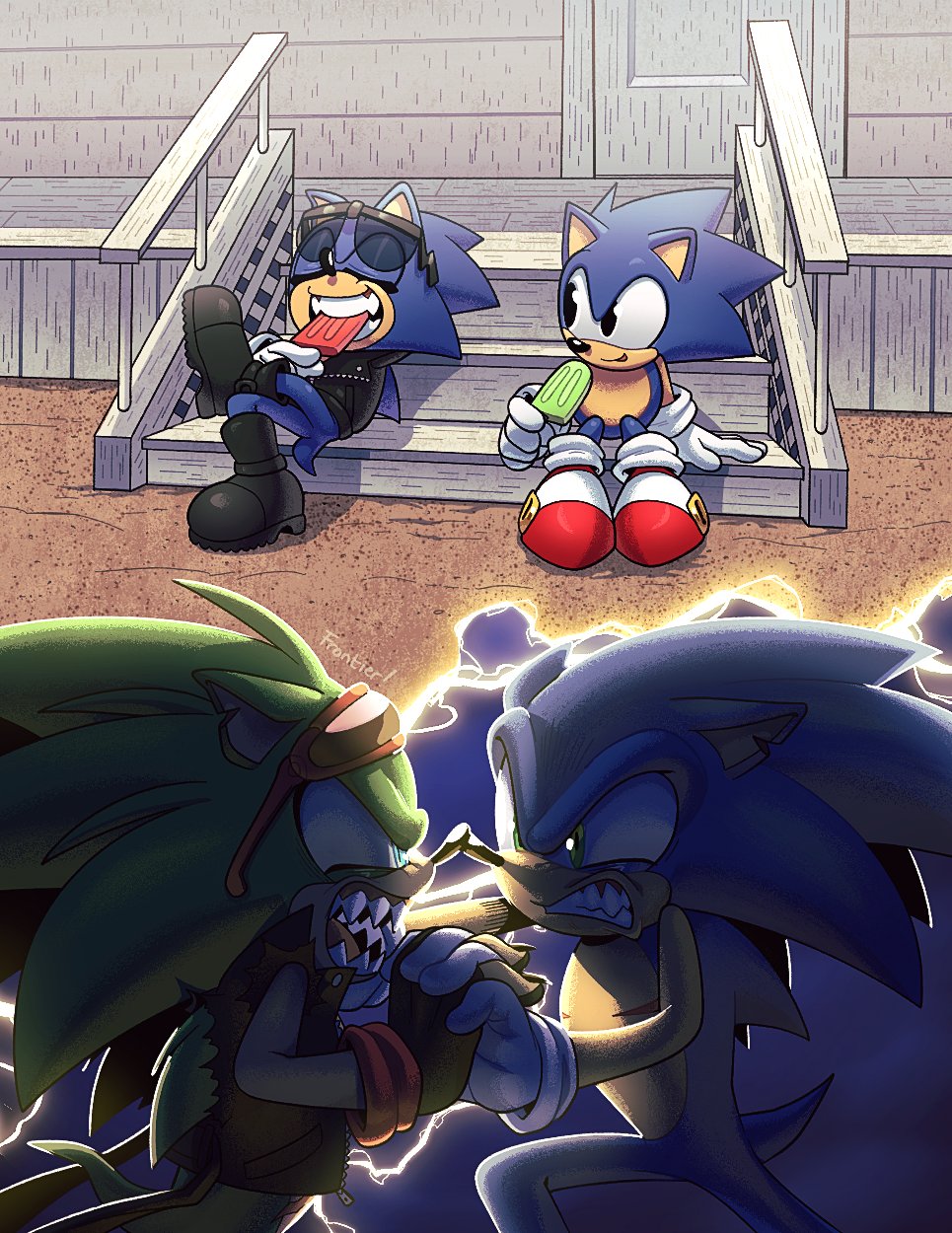 2boys, angry, anti_sonic, black_eyes, black_footwear, black_jacket, blue_eyes, boots, eirian, english_commentary, eyewear_on_head, fingerless_gloves, food, gloves, green_eyes, hedgehog_boy, highres, holding, holding_food, holding_popsicle, jacket, male_focus, multiple_boys, popsicle, red_footwear, scourge_the_hedgehog, sharp_teeth, sitting, sonic_(series), sonic_the_hedgehog, sonic_the_hedgehog_(archie_comics), sonic_the_hedgehog_(classic), stairs, sunglasses, teeth, white_gloves