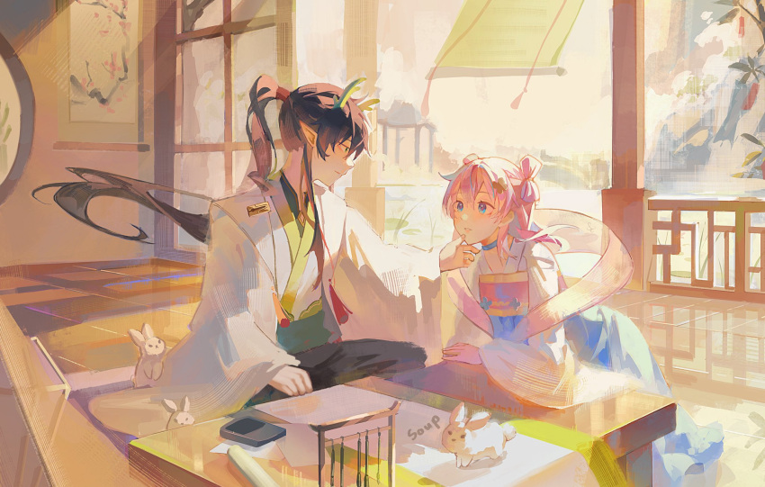 1boy, 1girl, architecture, black_hair, black_pants, blue_eyes, bow, collar