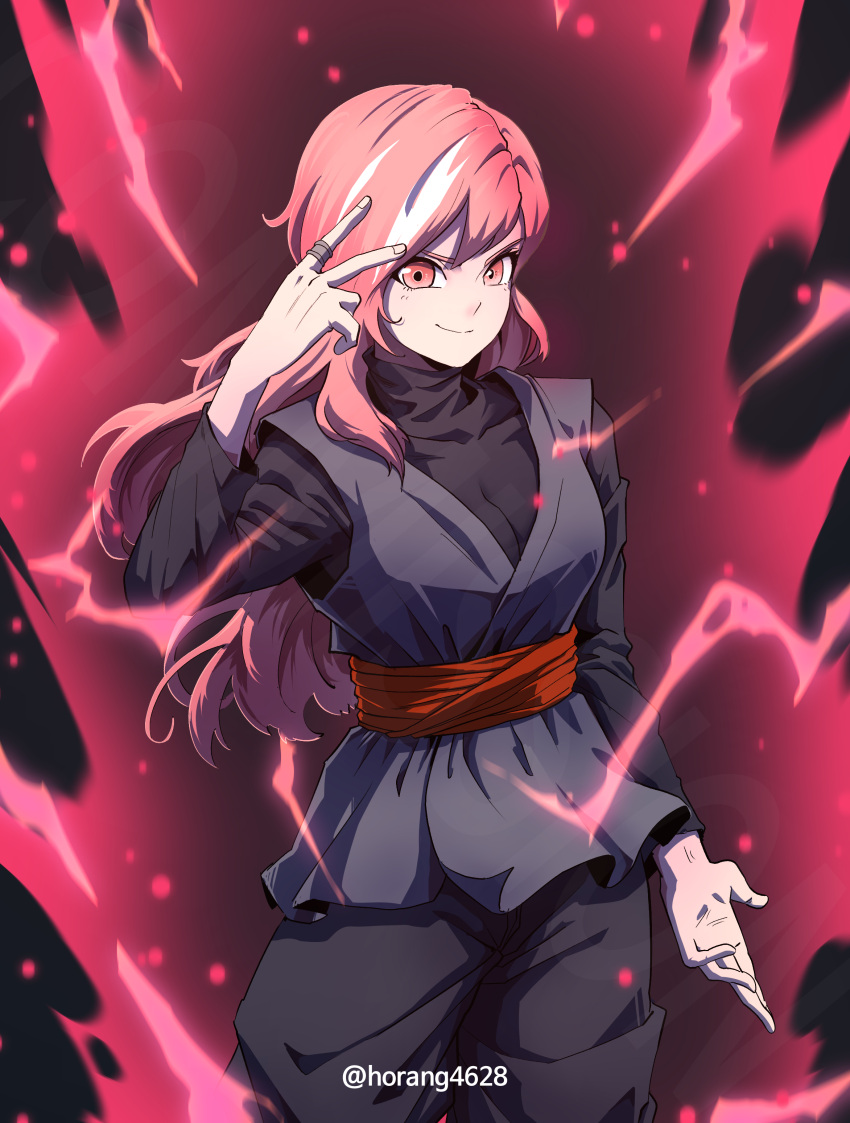 1girl, absurdres, aura, black_pants, black_shirt, commission, cosplay, cowboy_shot, crossover, dougi, dragon_ball, dragon_ball_super, english_commentary, goku_black, goku_black_(cosplay), highres, horang4628, long_hair, long_sleeves, looking_at_viewer, neo_politan, pants, pink_eyes, pink_hair, rwby, shirt, silver_ring, solo, twitter_username, white_streaks