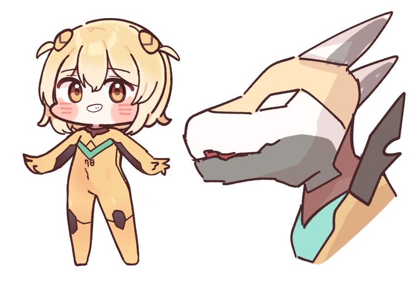 1girl, blonde_hair, chibi, goddess_of_victory:_nikke, grin, highres, liter_(nikke), mming_(mmingis18)