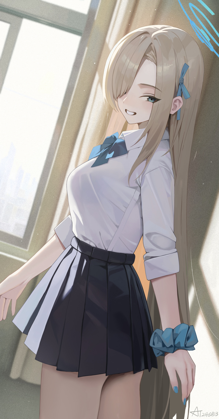 1girl, asuna_(blue_archive), black_skirt, blue_archive, blue_bow, blue_bowtie, blue_eyes, blue_nails