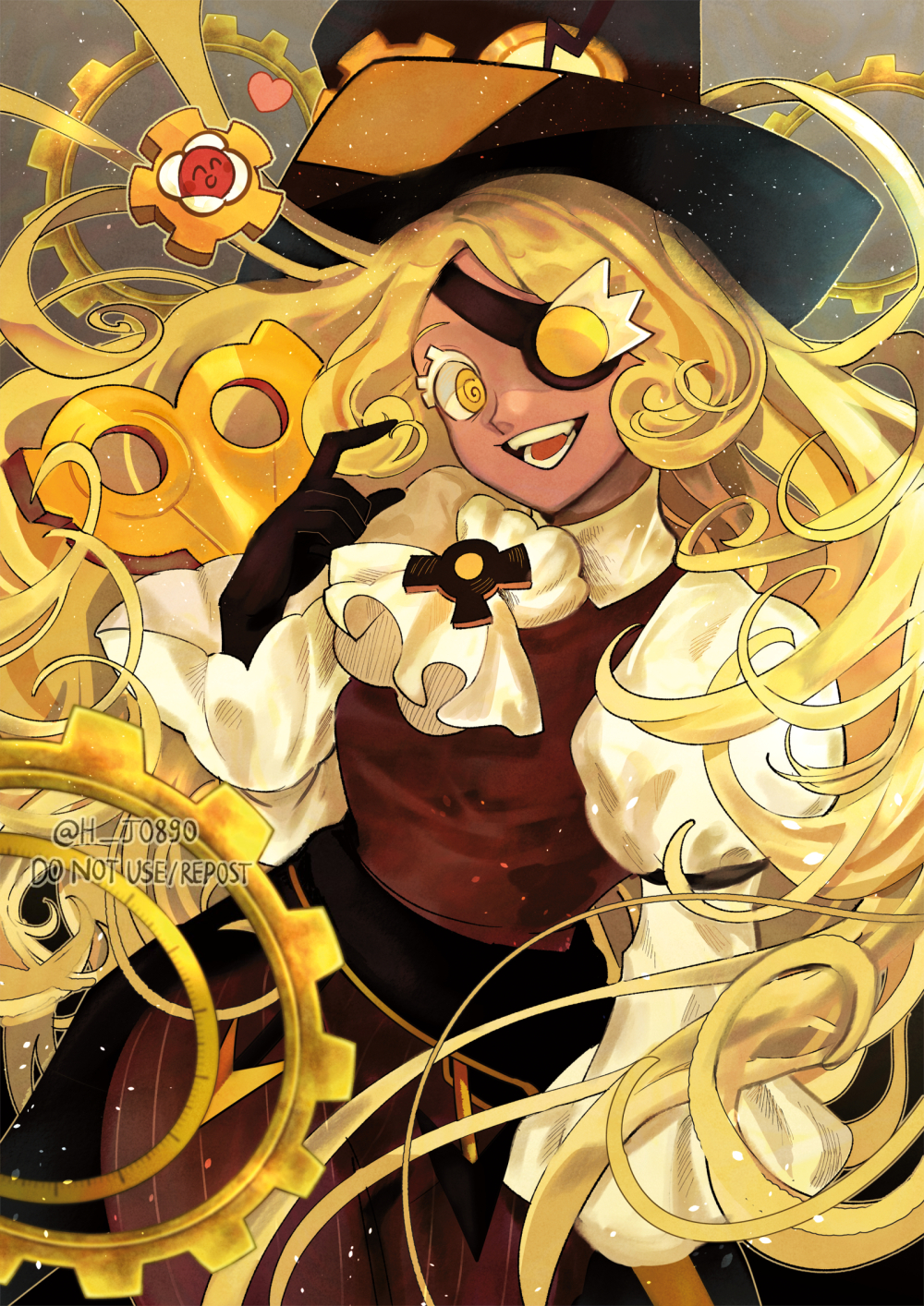 1girl, @_@, absurdly_long_hair, arm_at_side, artist_name, ascot, black_gloves, black_hat