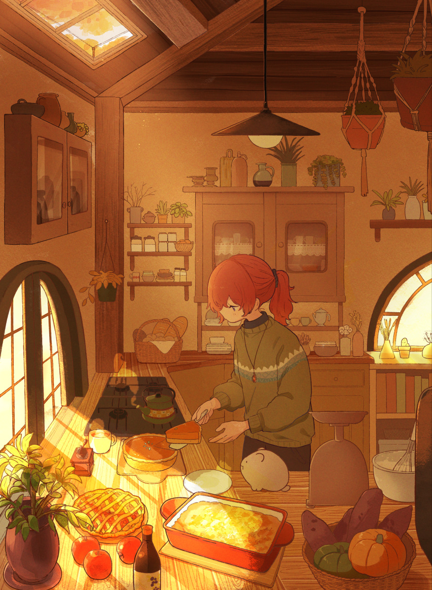 1girl, absurdres, apple, autumn, basket, bottle, bread, cabinet, casserole, counter, food, from_side, fruit, green_sweater, hanging_light, hanging_plant, highres, indoors, jewelry, kettle, kitchen, kitchen_scale, mixing_bowl, necklace, onoyama_(machikz1), original, pie, plant, ponytail, potted_plant, profile, pumpkin, pumpkin_pie, redhead, shelf, steam, stove, sunlight, sweater, sweet_potato, weighing_scale, whisk, window, window_shadow