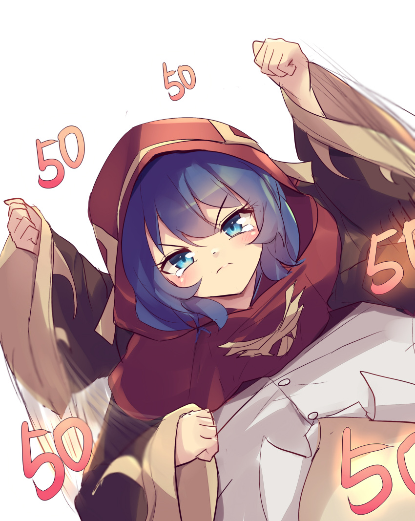 1girl, 1other, absurdres, angry, blue_eyes, blue_hair, blush, clenched_hand, closed_mouth, damage_numbers, duel_monster, gameplay_mechanics, hand_up, highres, hitting, kanzakietc, lo_the_prayers_of_the_voiceless_voice, long_sleeves, looking_at_viewer, looking_up, outstretched_arms, red_hood, robe, short_hair, simple_background, tears, upper_body, white_background, yu-gi-oh!