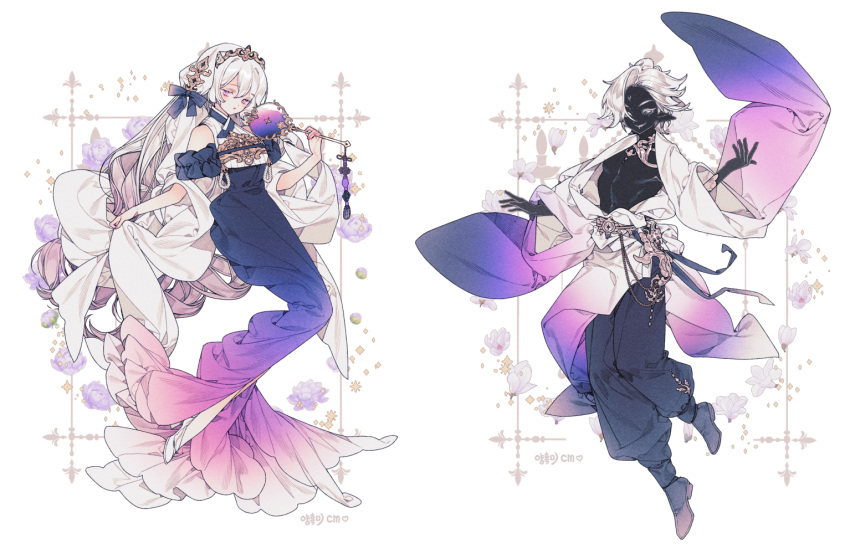 1boy, 1girl, black_pants, black_sclera, black_skin, blue_bow, blue_dress, bow, colored_sclera, colored_skin, double-parted_bangs, dress, embroidery, evil_grin, evil_smile, fashion, floral_background, flower, full_body, gold_tiara, gradient_clothes, gradient_dress, gradient_hair, gradient_kimono, gradient_robe, grin, hair_bow, hand_fan, high_heels, holding, holding_fan, japanese_clothes, kimono, lemon89h, looking_at_viewer, multicolored_hair, open_clothes, open_kimono, original, pants, paper_fan, pink_eyes, pointy_ears, purple_hair, shawl, sidelocks, smile, water_lily_flower, white_eyes, white_flower, white_footwear, white_hair, white_shawl, wide_sleeves