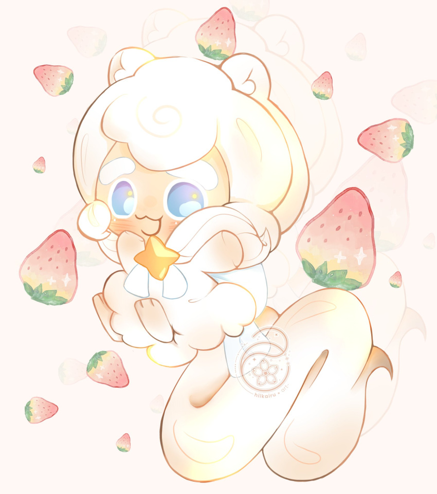 1other, animal_ears, animal_feet, blue_eyes, chibi, chibi_only, commentary, cookie_run, cookie_run:_kingdom, cream_ferret_cookie, english_commentary, ferret_ears, ferret_tail, food, fruit, full_body, highres, hiikairu, looking_at_viewer, official_style, other_focus, smile, solo, star_(symbol), strawberry, watermark, white_hair, white_theme, zoom_layer