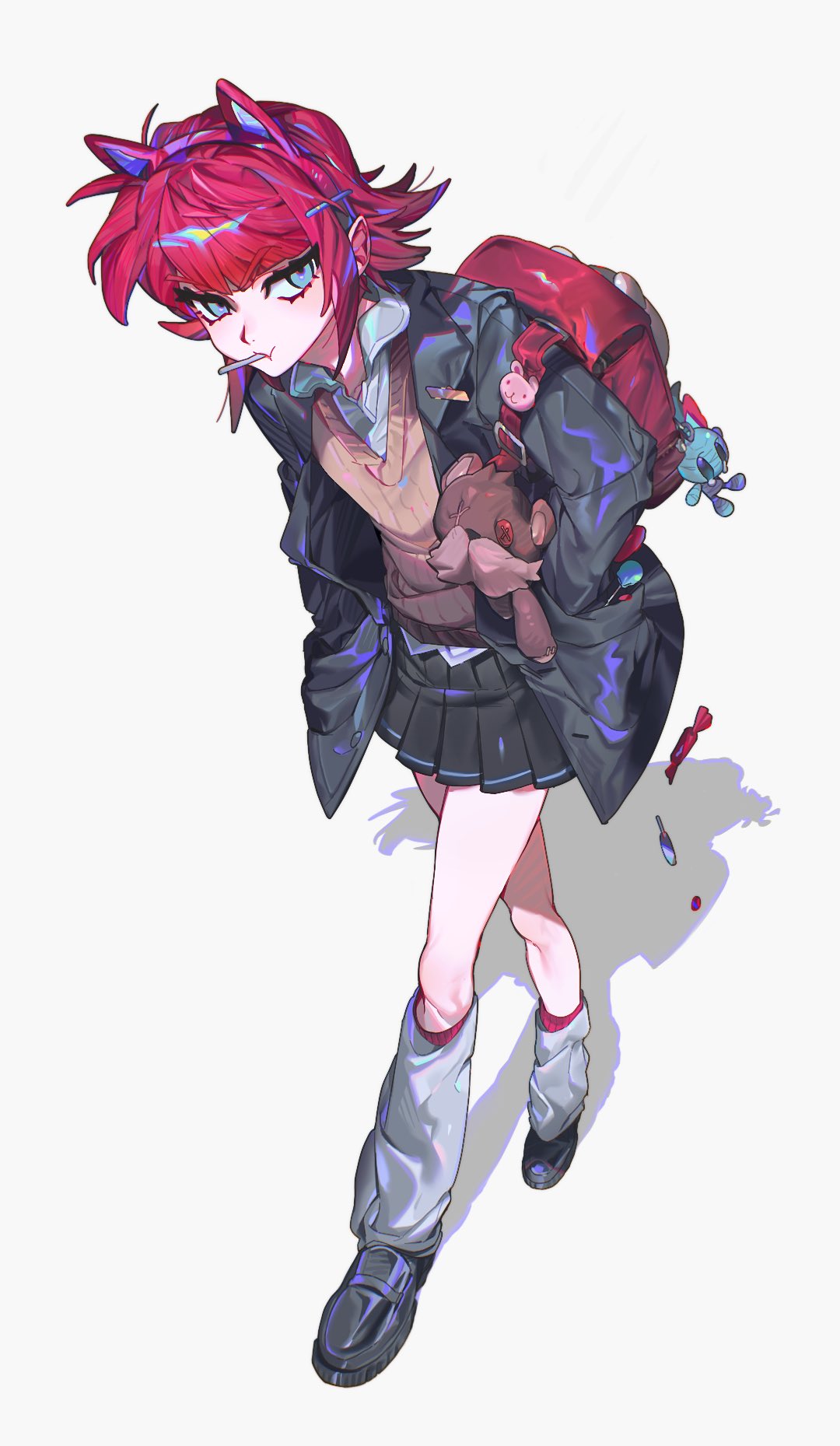 1girl, animal_ears, backpack, bag, bag_charm, blue_eyes, candy, cat_ears, cat_girl, charm_(object), check_copyright, copyright_request, fake_animal_ears, food, highres, leaning_forward, looking_at_viewer, loose_socks, original, redhead, school_uniform, shoes, short_hair, sigeumchimuchim, simple_background, skirt, socks, solo, standing, stuffed_animal, stuffed_toy, teddy_bear, vest, walking, white_background
