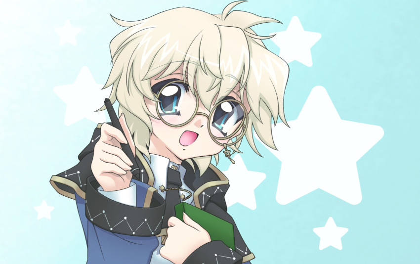 1boy, 2000s_(style), :d, aries_(symbol), black_necktie, blonde_hair, blue_background, blue_coat