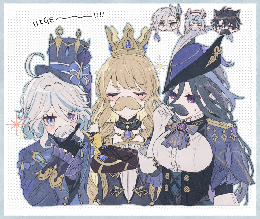 2boys, 4girls, ascot, asymmetrical_bangs, black_corset, blonde_hair, blue_ascot, blue_eyes
