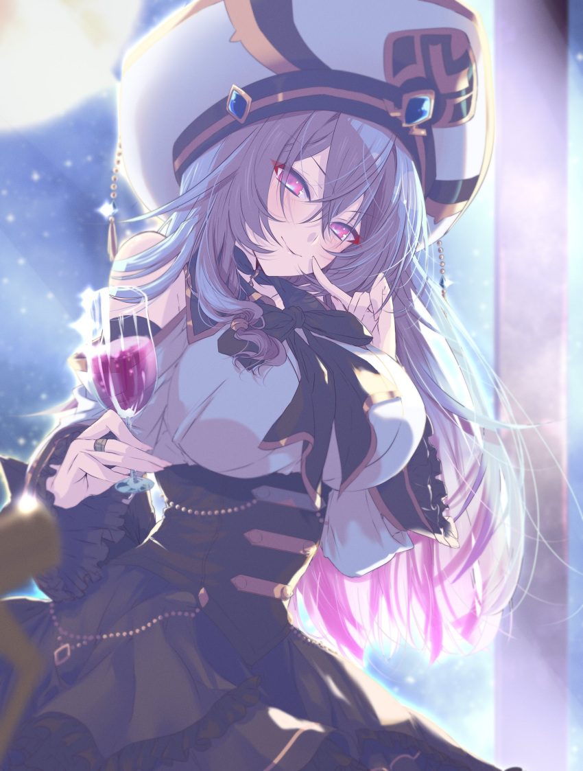 1girl, absurdres, alcohol, assault_lily, backlighting, bare_shoulders, black_bow, black_bowtie