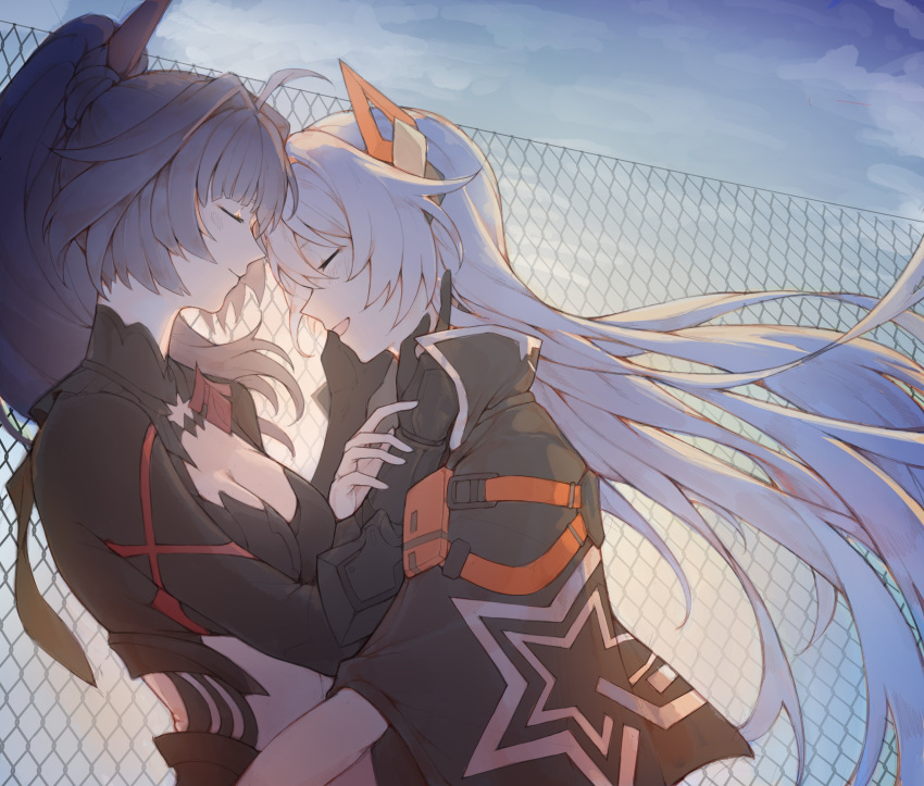 2girls, absurdres, ahoge, black_dress, black_gloves, black_jacket, cleavage_cutout, closed_eyes