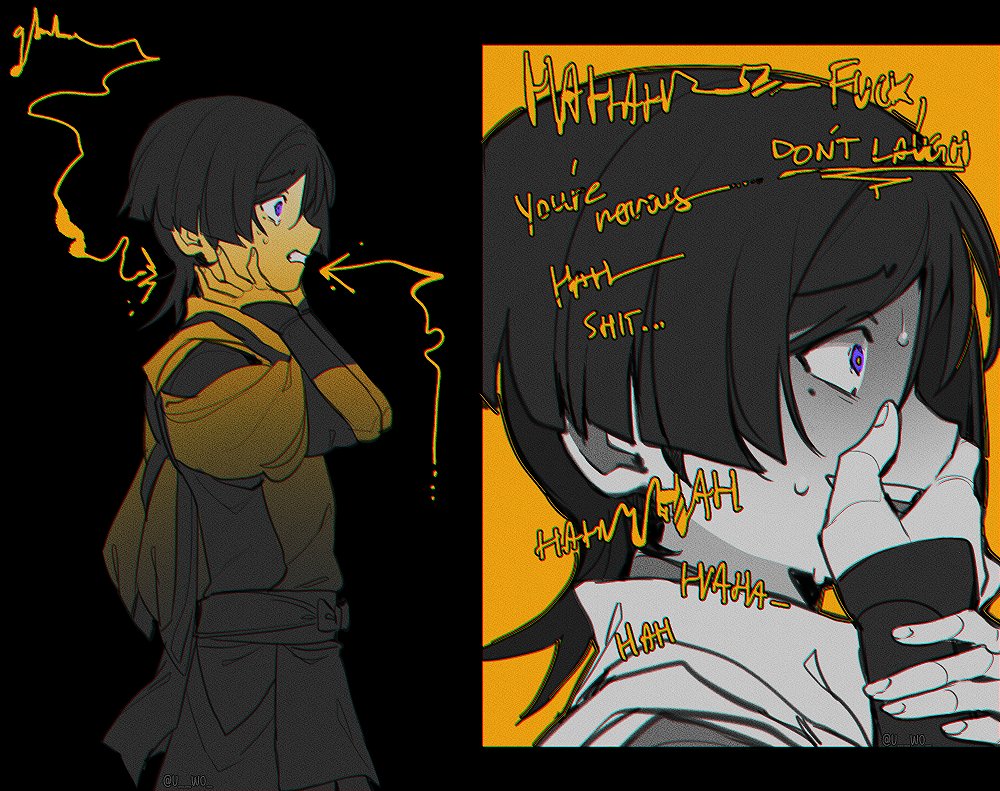 1boy, armor, black_hair, blunt_ends, bow, carbuncly, clenched_teeth, constricted_pupils, covering_own_mouth, doll_joints, english_text, genshin_impact, hands_on_own_cheeks, hands_on_own_face, japanese_armor, japanese_clothes, joints, kariginu, kimono, kote, kurokote, laughing, layered_clothes, layered_kimono, layered_sleeves, male_focus, mole, mole_under_eye, multiple_views, parted_bangs, sash, scaramouche_(genshin_impact), scaramouche_(kabukimono)_(genshin_impact), solo, sweat, teeth, violet_eyes, white_kimono