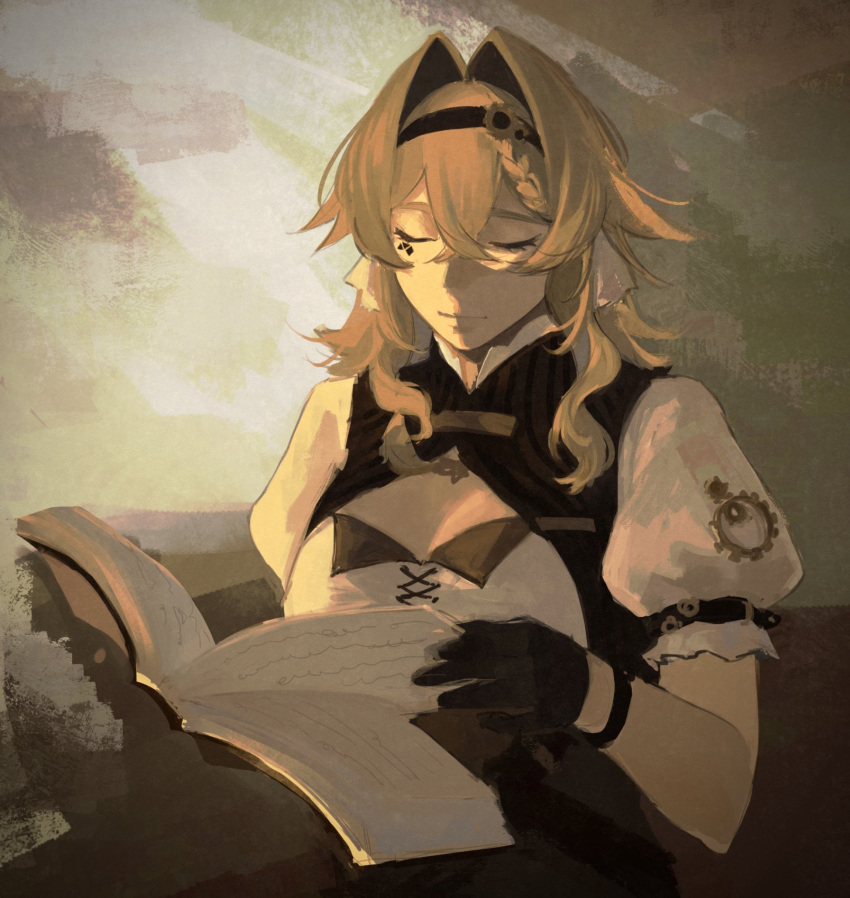1girl, black_gloves, book, brown_dress, brown_hair, cleavage_cutout, closed_eyes, closed_mouth