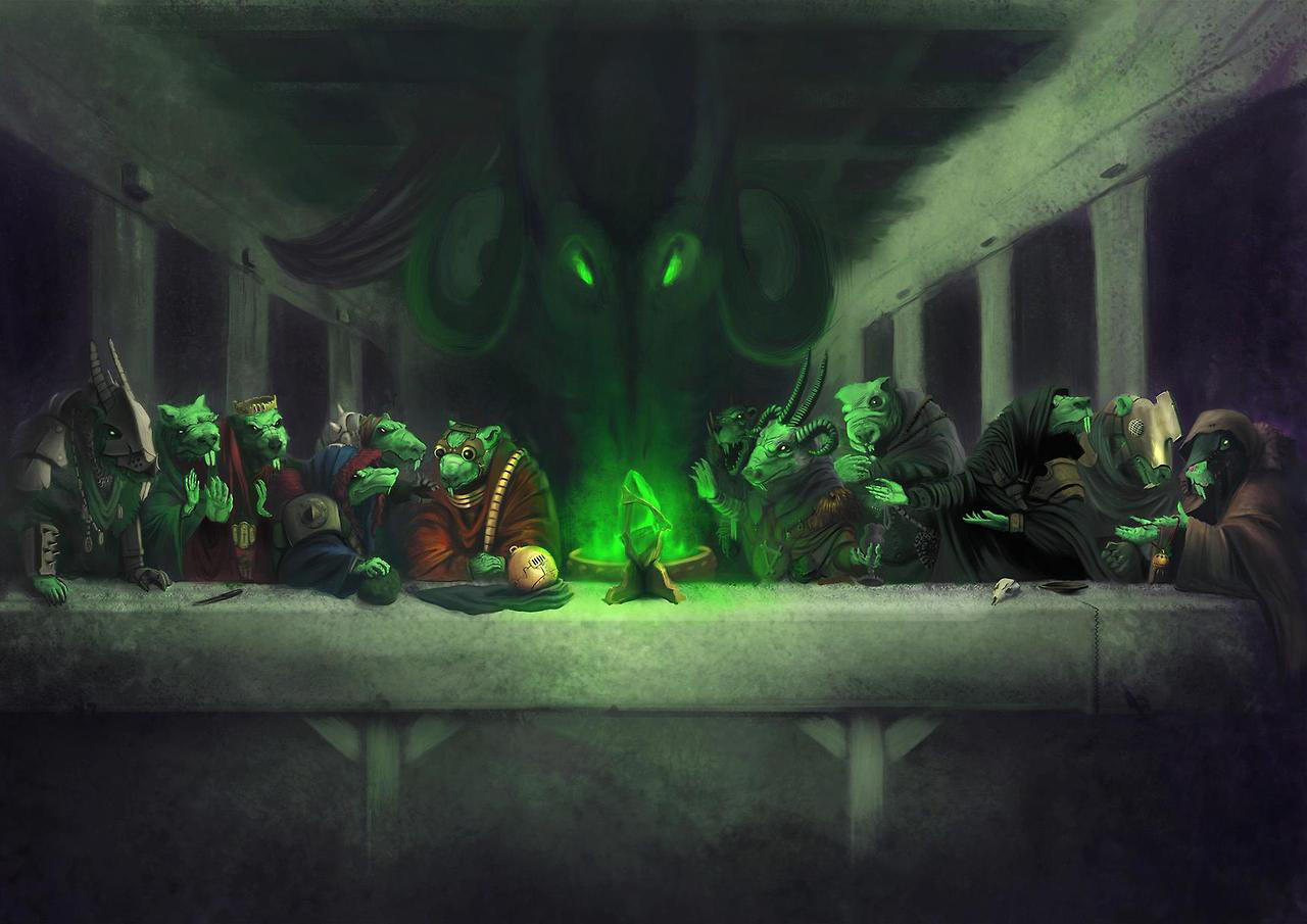 6+boys, armor, black_robe, blue_robe, brown_robe, buck_teeth, craig-lee, crown, demon, english_commentary, fake_horns, fantasy, fine_art_parody, glowing, glowing_eyes, goggles, great_horned_rat, green_eyes, helmet, hooded_robe, horned_helmet, horns, indoors, looking_at_another, mask, mouse_(animal), multiple_boys, multiple_horns, open_mouth, parody, robe, skaven, spiked_armor, table, teeth, the_last_supper, warhammer_fantasy, warpstone