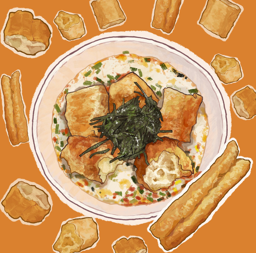 absurdres, bmu_s, bowl, food, food_focus, fried_dough, highres, no_humans, orange_background, original, soup, soy_milk, still_life